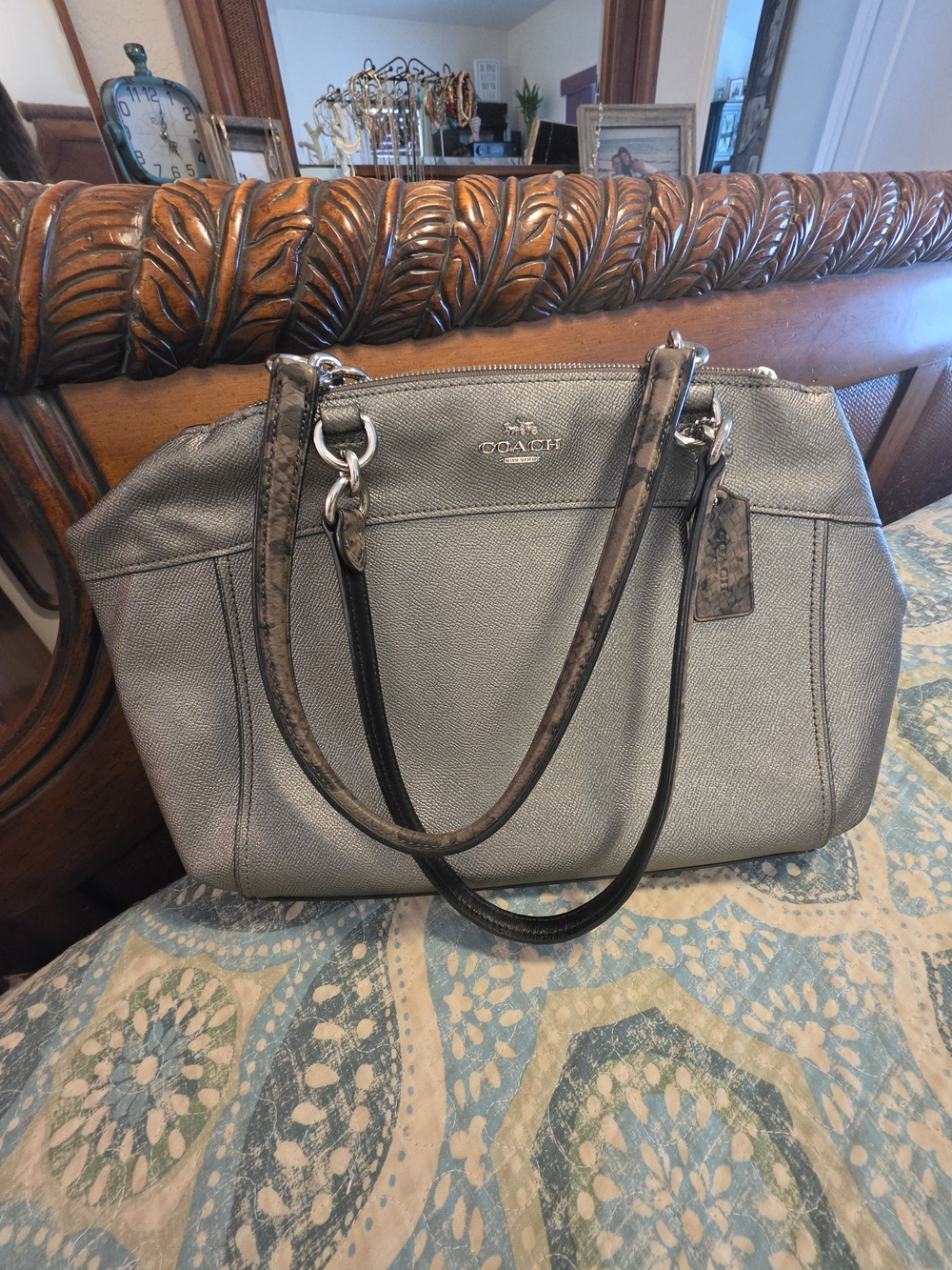 COACH Brooke Carryall Metallic Silver Leather Tote Satchel Bag F38880 Pristine